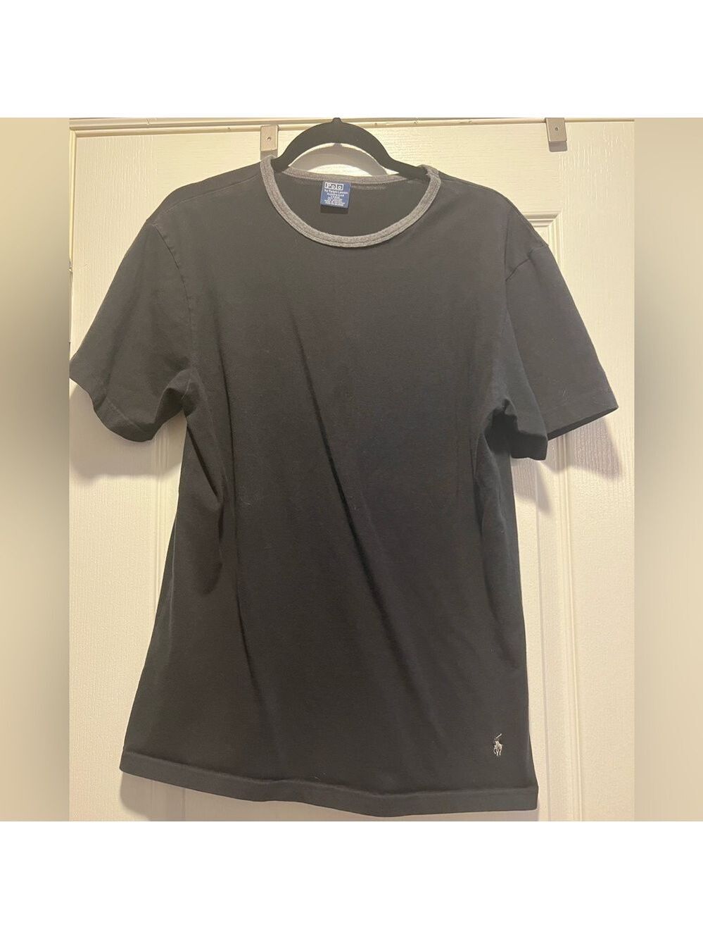 Men’s Polo Sleepwear Shirt.  Black with gray trim, short sleeve. Size Large